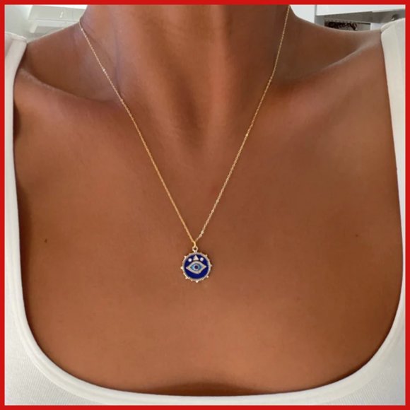 Nazar Evil Eye Cobalt Blue Turquoise Enamel Rose Gold Inset Crystals O Chain NWT - Picture 2 of 6